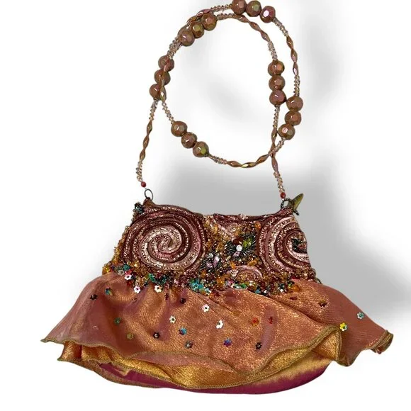 Mary Frances Chiffon Ruffle Beaded Swirl Shoulder Hand Bag Purse Orange/Purple - Picture 1 of 5